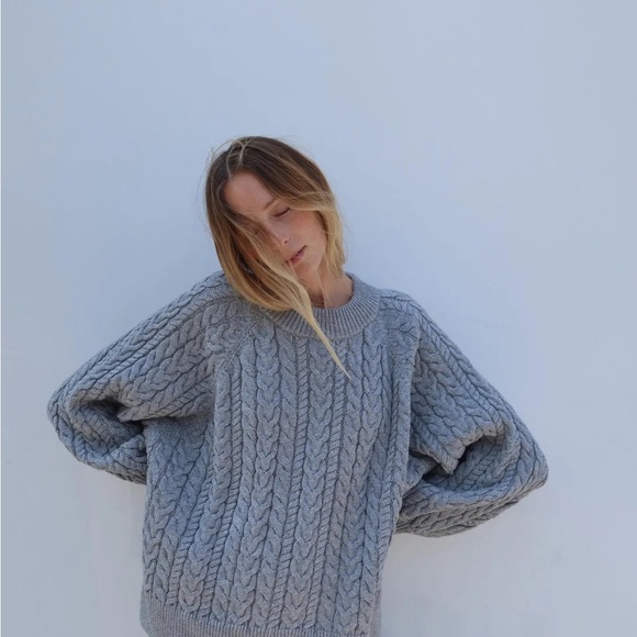 Gray Cable Knit Crew Neck Sweater - Picture 3 of 14